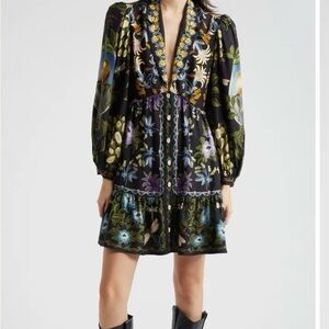 Farm Rio, Garden Long Sleeve Shirtdress, M, Black